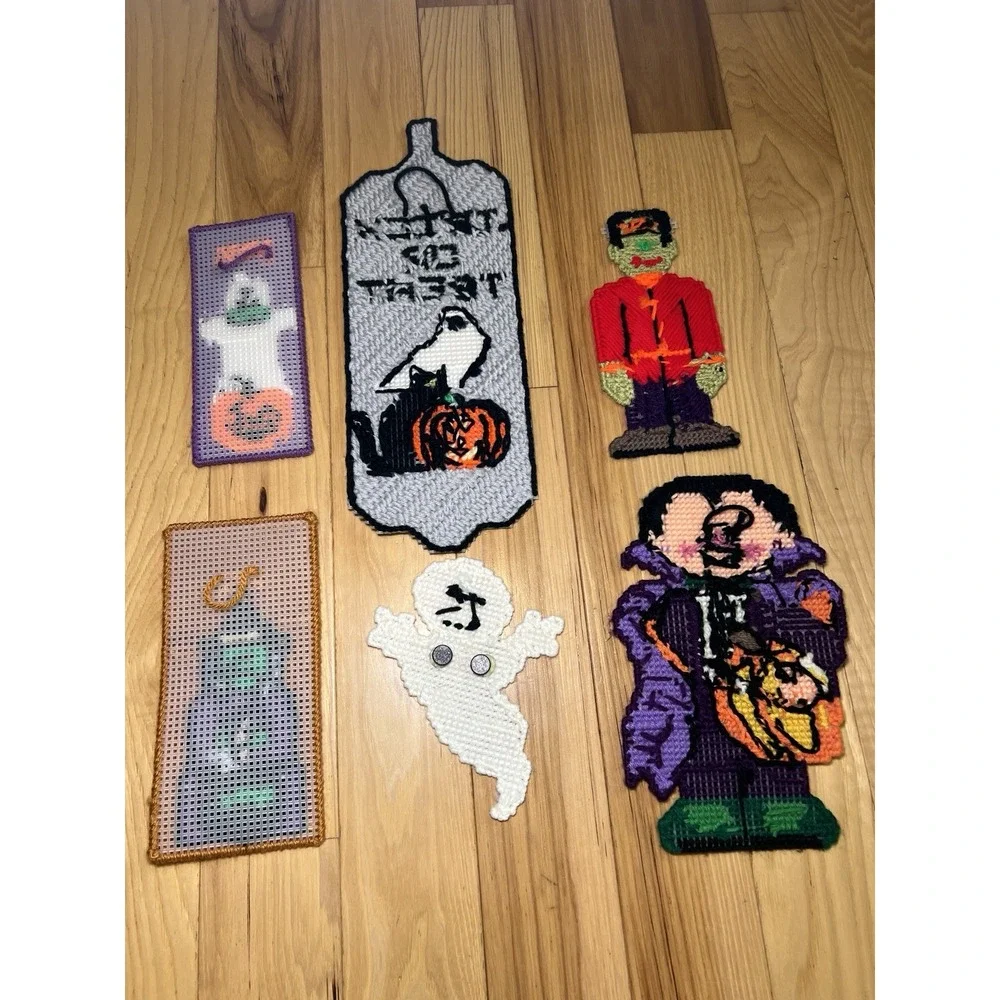 Halloween Plastic Canvas Needlepoint Decor Lot Handmade Witch Ghost Vampire